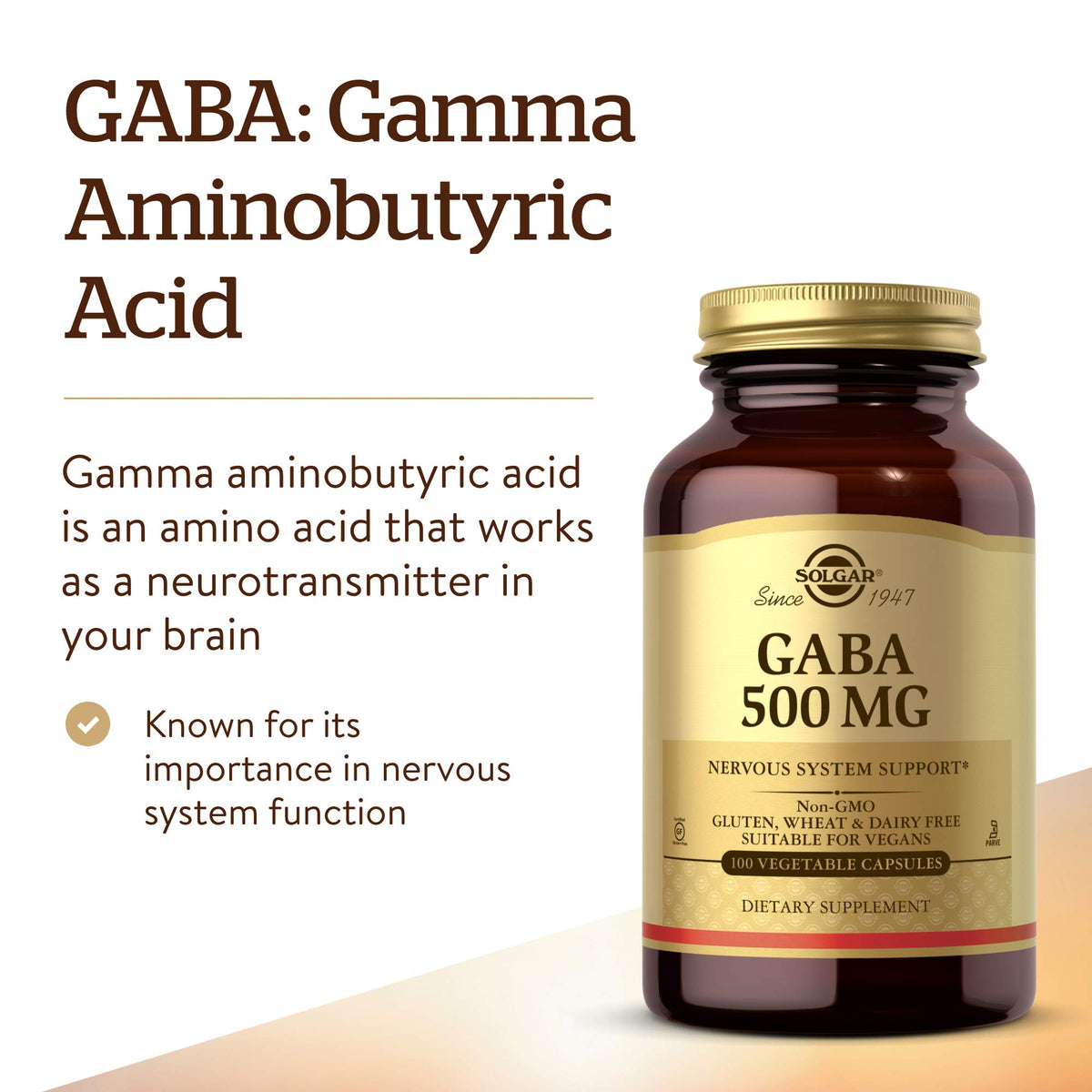 Capsules végétales Solgar GABA 500 mg sur fond blanc