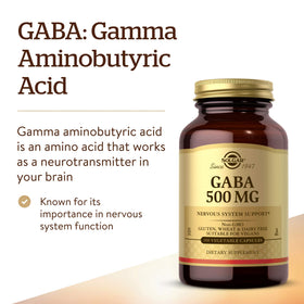 Capsules végétales Solgar GABA 500 mg sur fond blanc