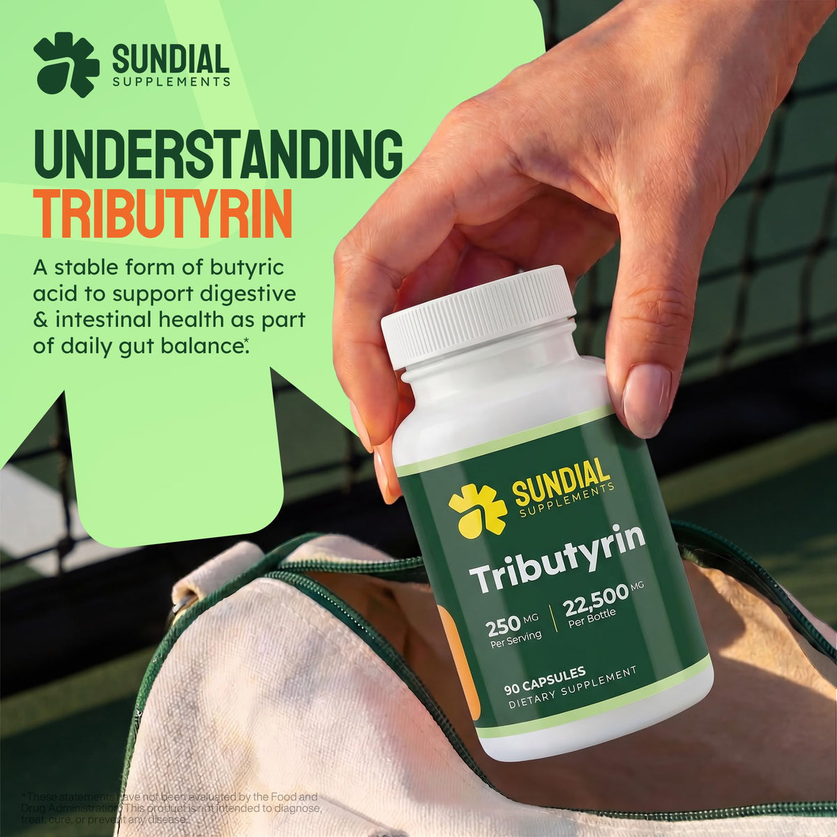 Capsules végétales SUNDIAL SUPPLEMENTS Tributyrin 250 mg en gros plan