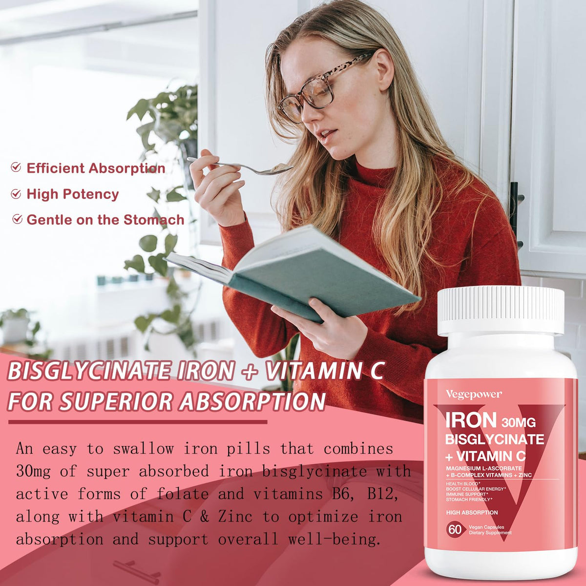 Capsules végétales VEGEPOWER Fer Bisglycinate sur une surface blanche