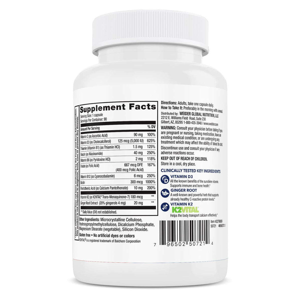 Capsules végétales Weider K2 et D3 sur fond blanc