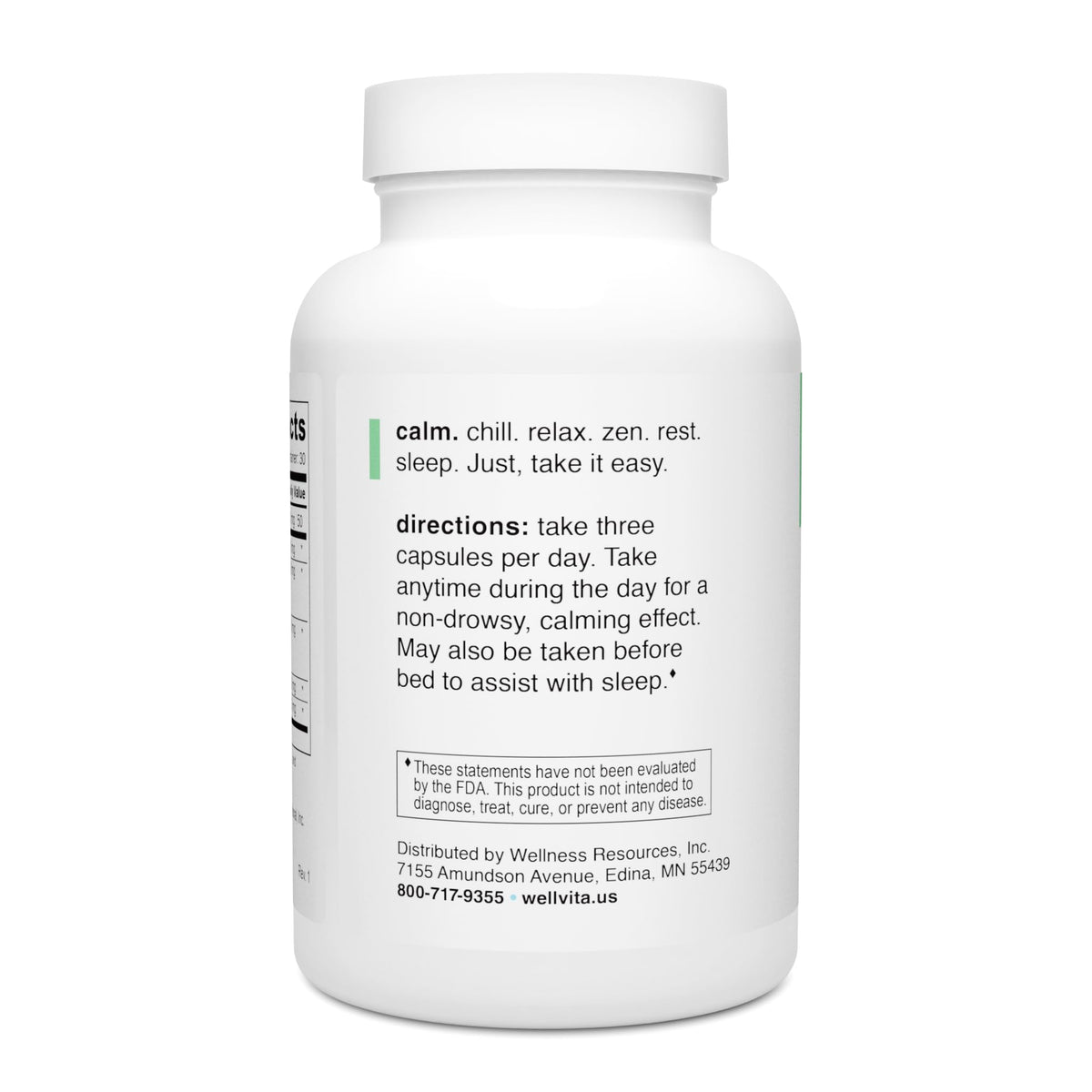 Capsules végétales Well+vita Calm de Wellness Resources sur fond blanc
