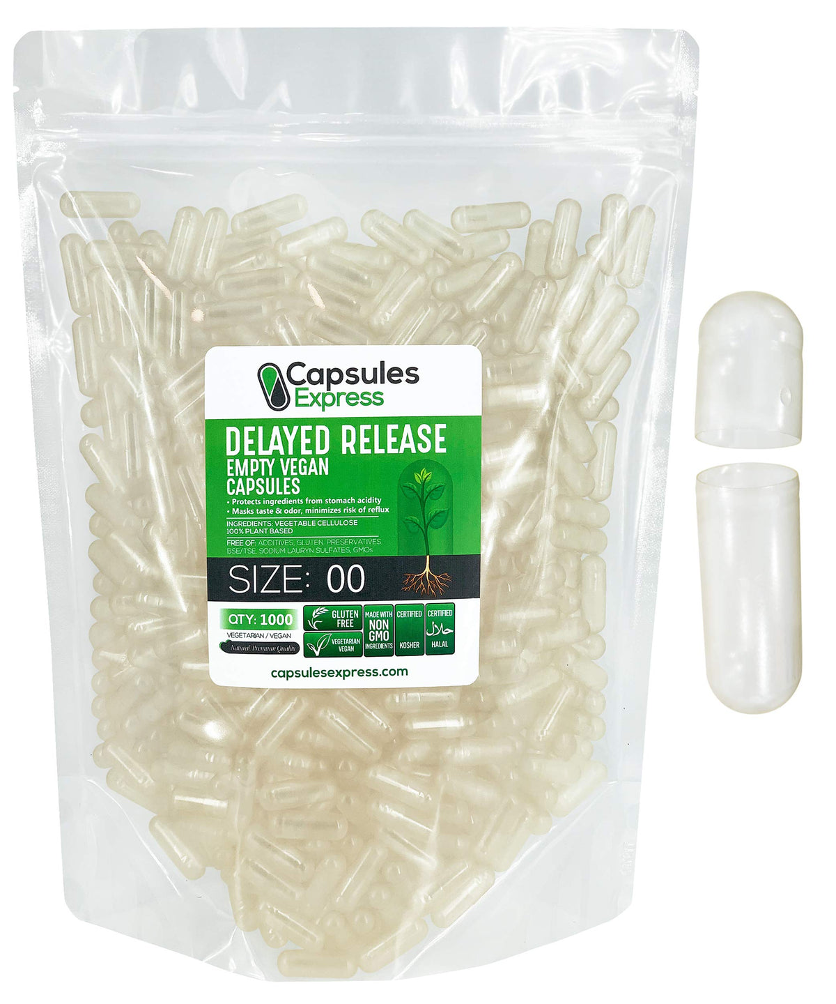 Capsules végétales XPRS Nutra taille 00 en vue avant, transparentes