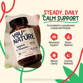 Capsules végétales YOUBYNATURE Apigénine et L-Théanine sur fond blanc