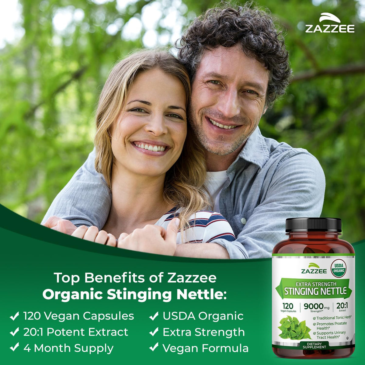 Capsules végétales Zazzee Extrait d'Ortie Bio sur fond blanc