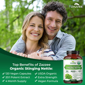 Capsules végétales Zazzee Extrait d'Ortie Bio sur fond blanc