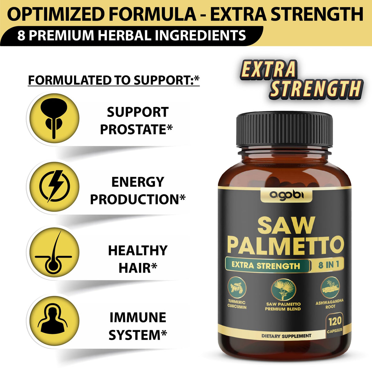 Capsules végétaliennes agobi Saw Palmetto 8en1 sur fond blanc