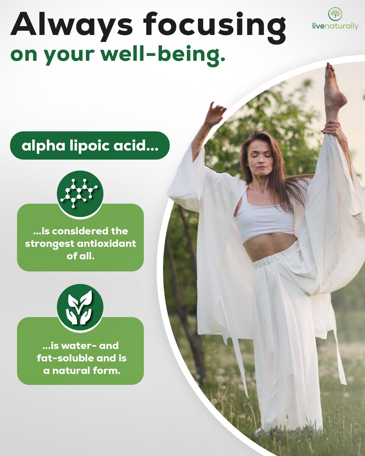 Capsules végétaliennes d'acide alpha-lipoïque 300mg sur fond blanc