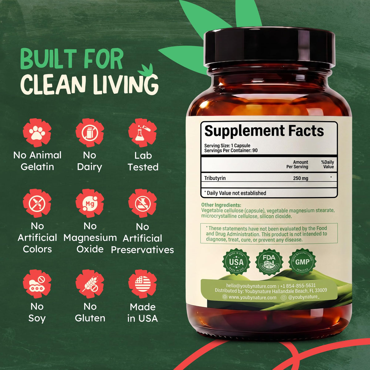 Capsules végétaliennes de YOUBYNATURE Tributyrin 250mg