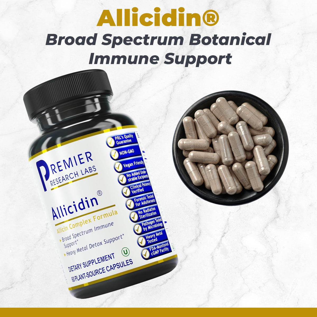 Capsules végétariennes Allicidin de Premier Research Labs sur fond blanc