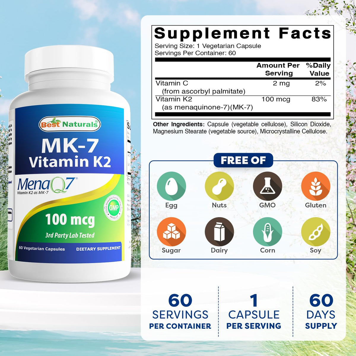 Capsules végétariennes Best Naturals MK-7 sur fond blanc