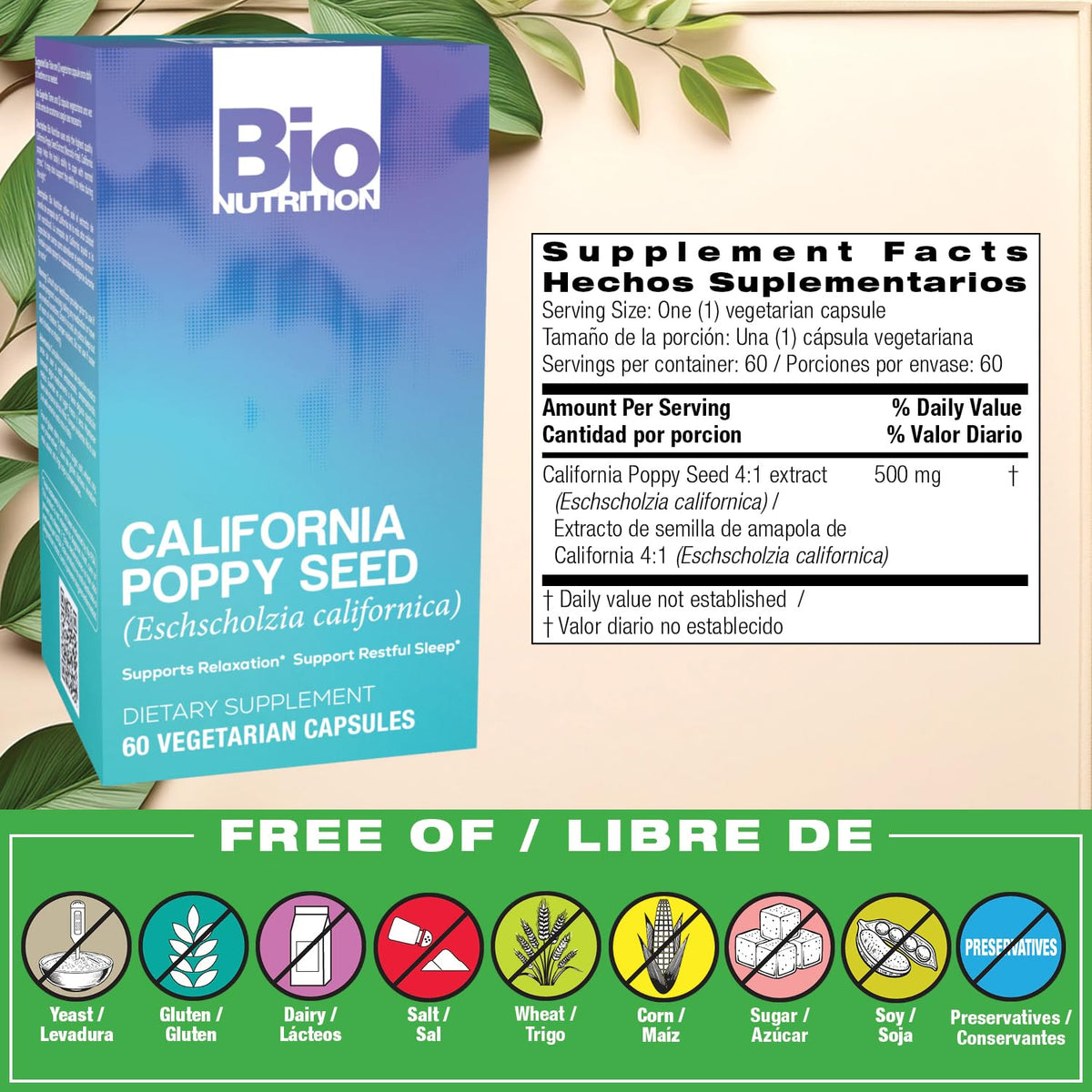 Capsules végétariennes Bio Nutrition Poppy Californien en gros plan