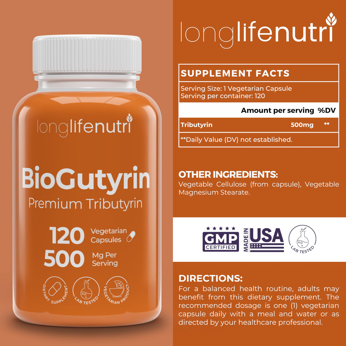 Capsules végétariennes BioGutyrin de LongLifeNutri sur fond blanc