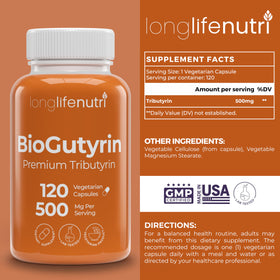 Capsules végétariennes BioGutyrin de LongLifeNutri sur fond blanc