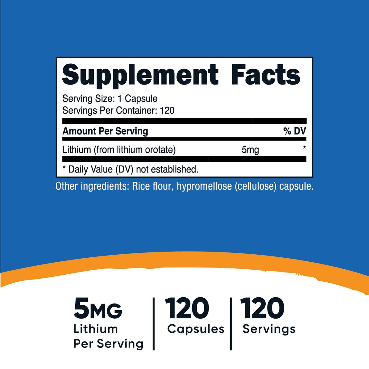 Capsules végétariennes de Lithium Orotate 5mg Nutricost sur fond blanc