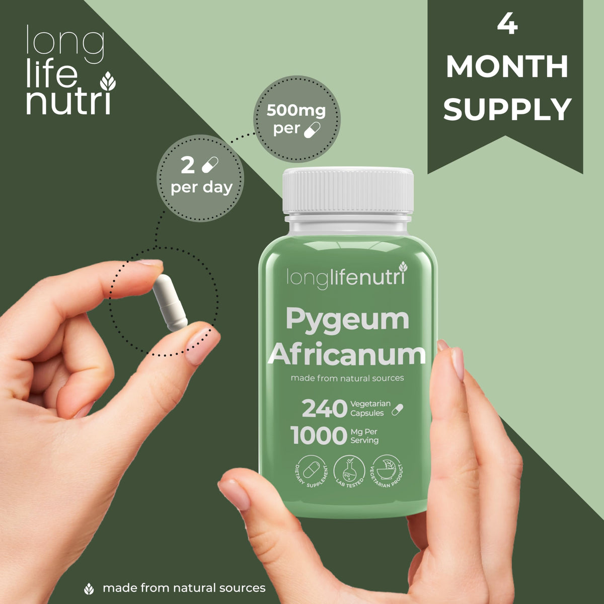 Capsules végétariennes de LongLifeNutri avec un décor naturel en arrière-plan
