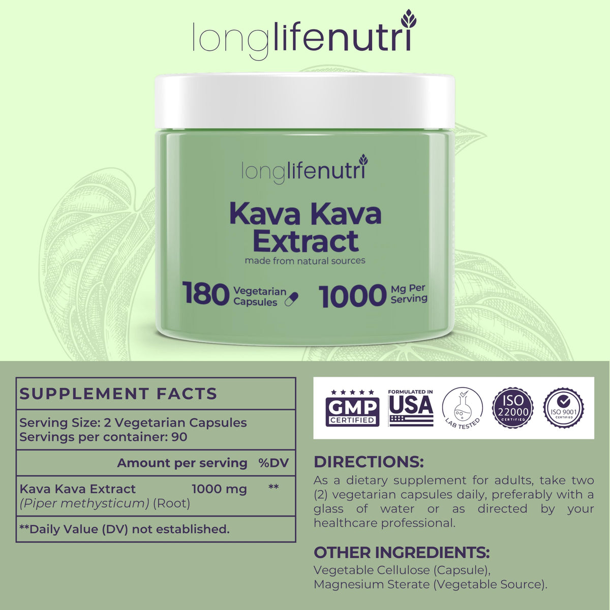 Capsules végétariennes de LongLifeNutri Kava Kava Extrait sur fond blanc