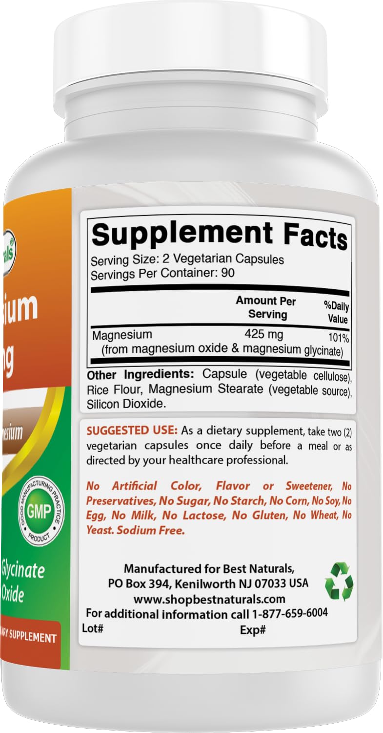 Capsules végétariennes de Magnésium 425 mg de Best Naturals sur un fond blanc