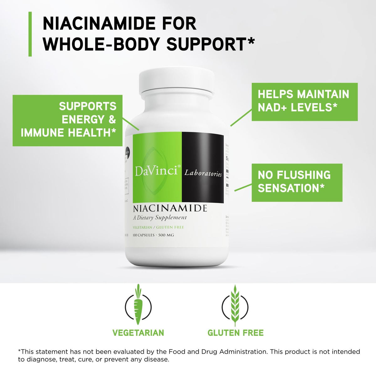 Capsules végétariennes de Niacinamide DAVINCI sur une table