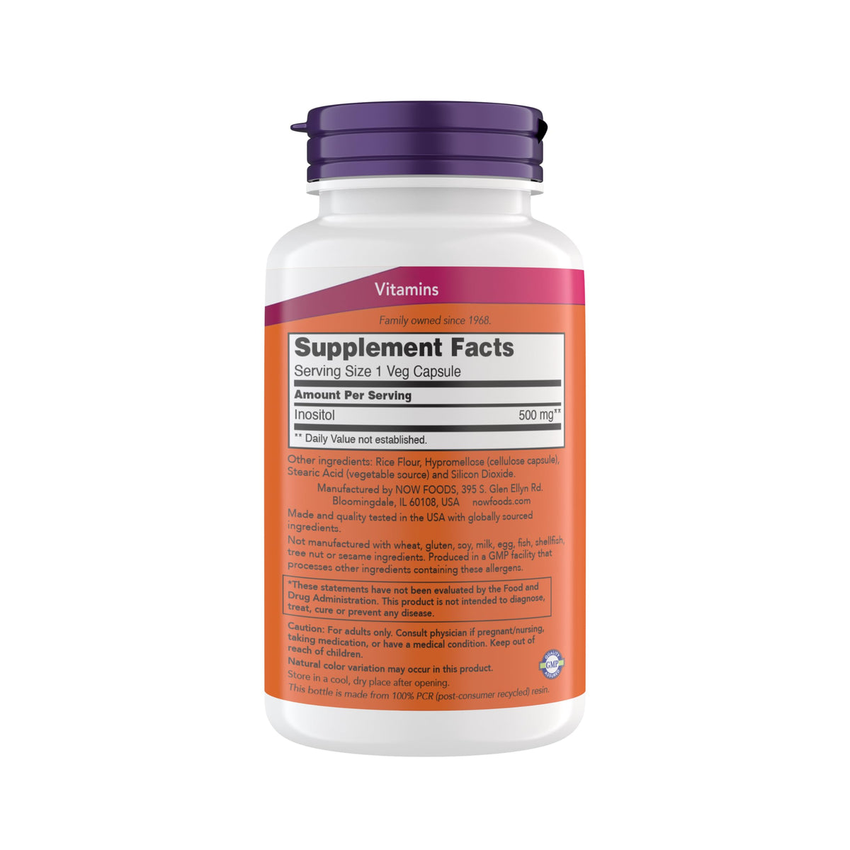 Capsules végétariennes de NOW Foods Inositol 500 mg sur fond blanc