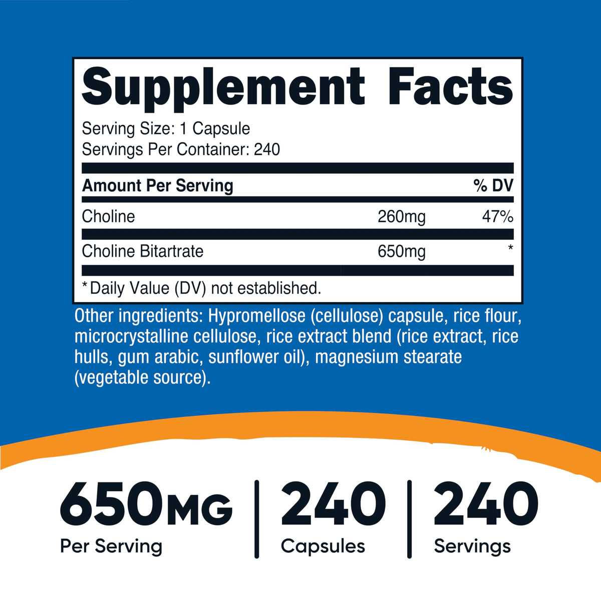 Capsules végétariennes de Nutricost Choline Bitartrate sur fond blanc