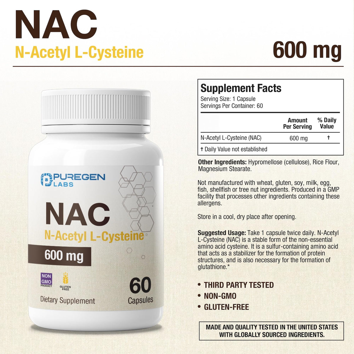 Capsules végétariennes de P Puregen Labs N-Acetyl-L-Cystéine 600mg