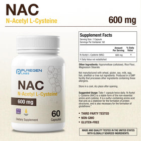 Capsules végétariennes de P Puregen Labs N-Acetyl-L-Cystéine 600mg
