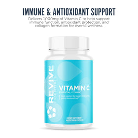 Capsules végétariennes de Revive Vitamine C sur fond blanc