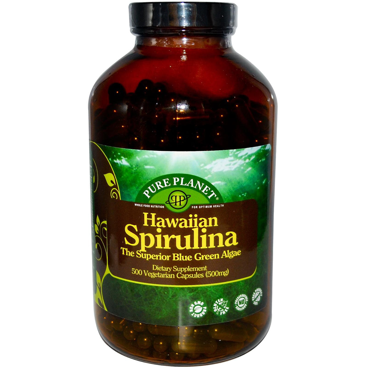 Capsules végétariennes de spiruline PURE PLANET 500mg en bouteille