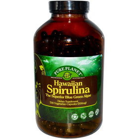 Capsules végétariennes de spiruline PURE PLANET 500mg en bouteille