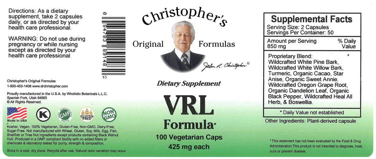 Capsules végétariennes de VRL Formula de Christopher's sur fond blanc