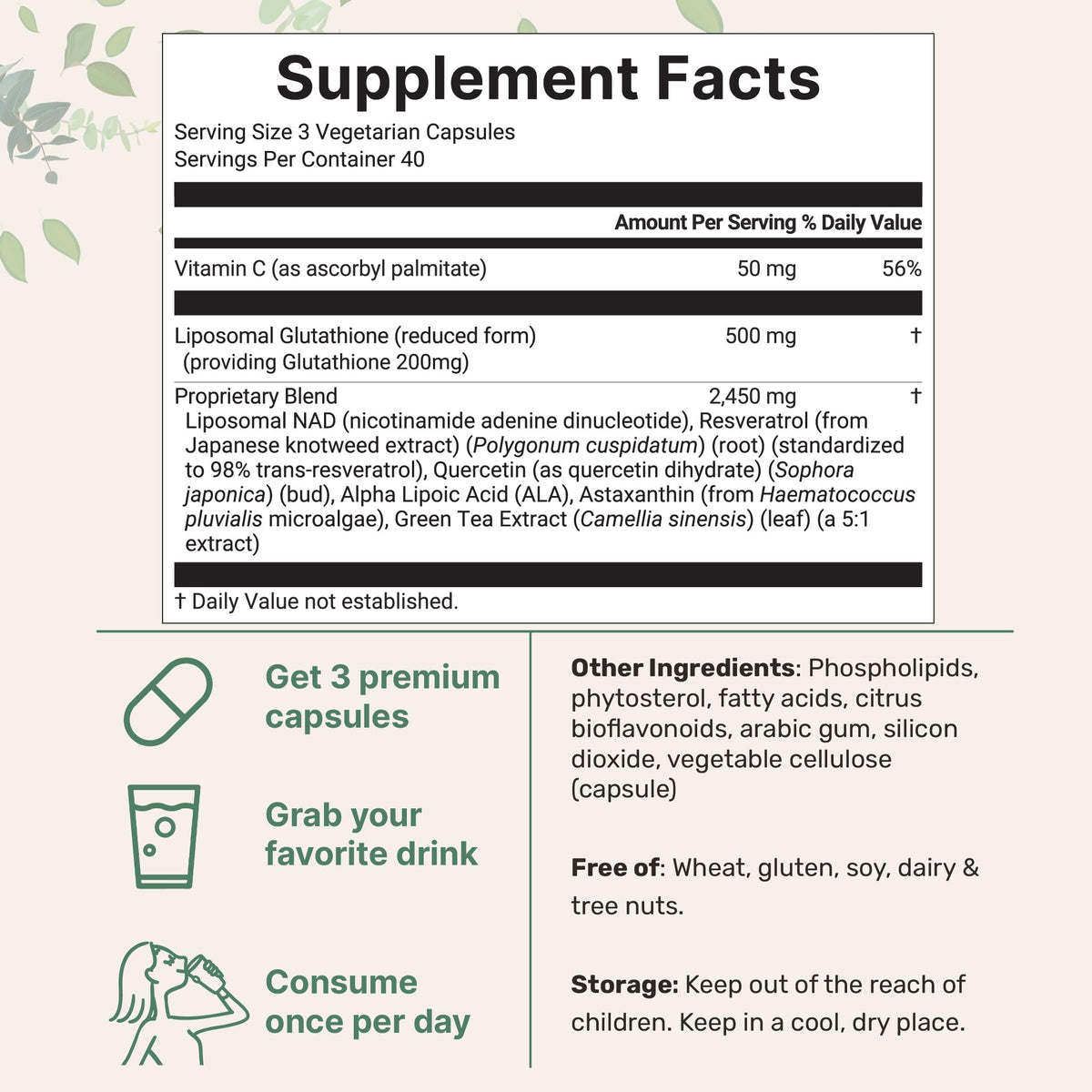 Capsules végétariennes du complexe liposomal de glutathione sur une surface blanche
