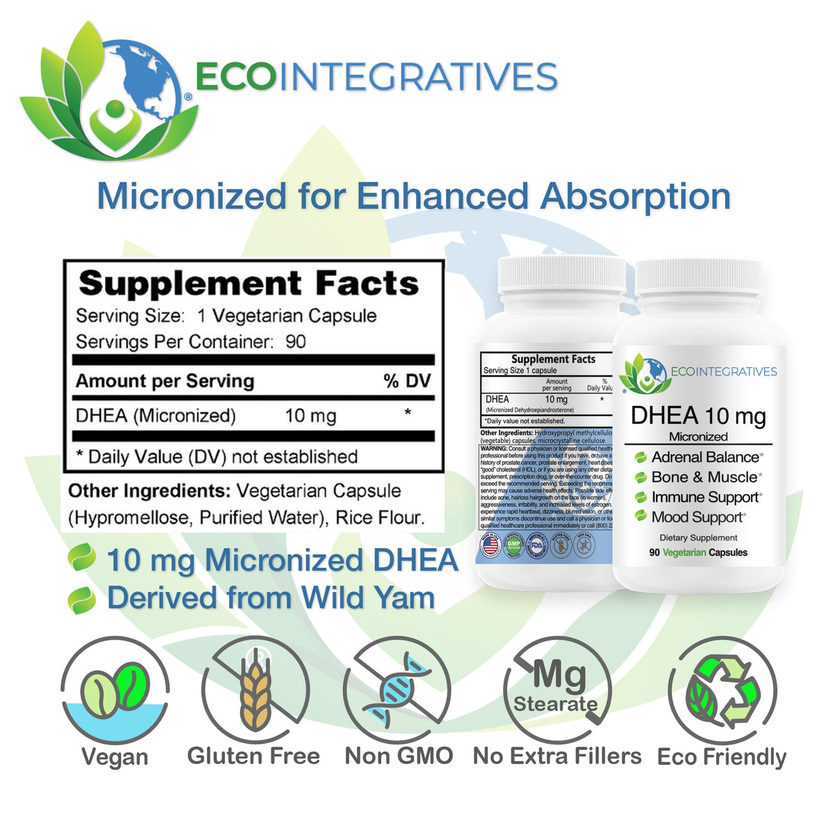 Capsules végétariennes EcoIntegratives DHEA 10mg sur une surface blanche