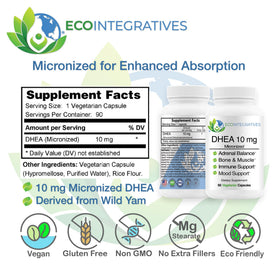 Capsules végétariennes EcoIntegratives DHEA 10mg sur une surface blanche