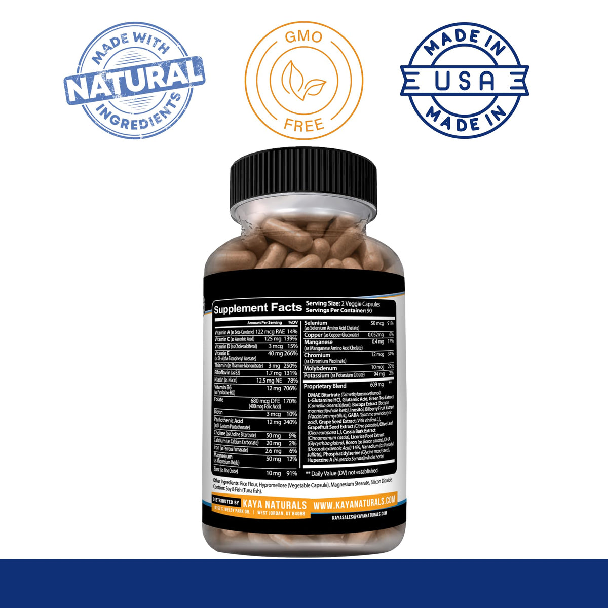 Capsules végétariennes Kaya Naturals Neuro Brain sur fond blanc