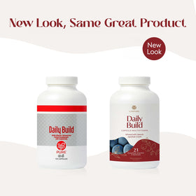 Capsules végétariennes PURE Daily Build sur fond blanc