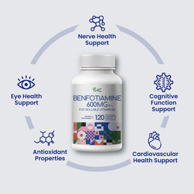 Capsules végétariennes VHC Benfotiamine 600mg sur fond blanc
