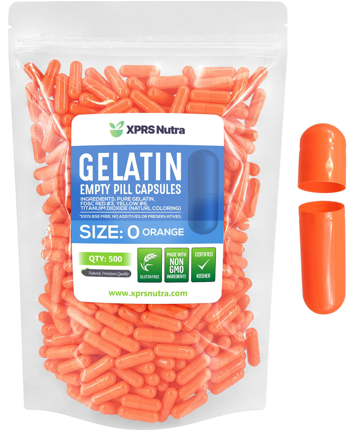 Capsules vides taille 0 XPRS Nutra, 500 unités, vue de face