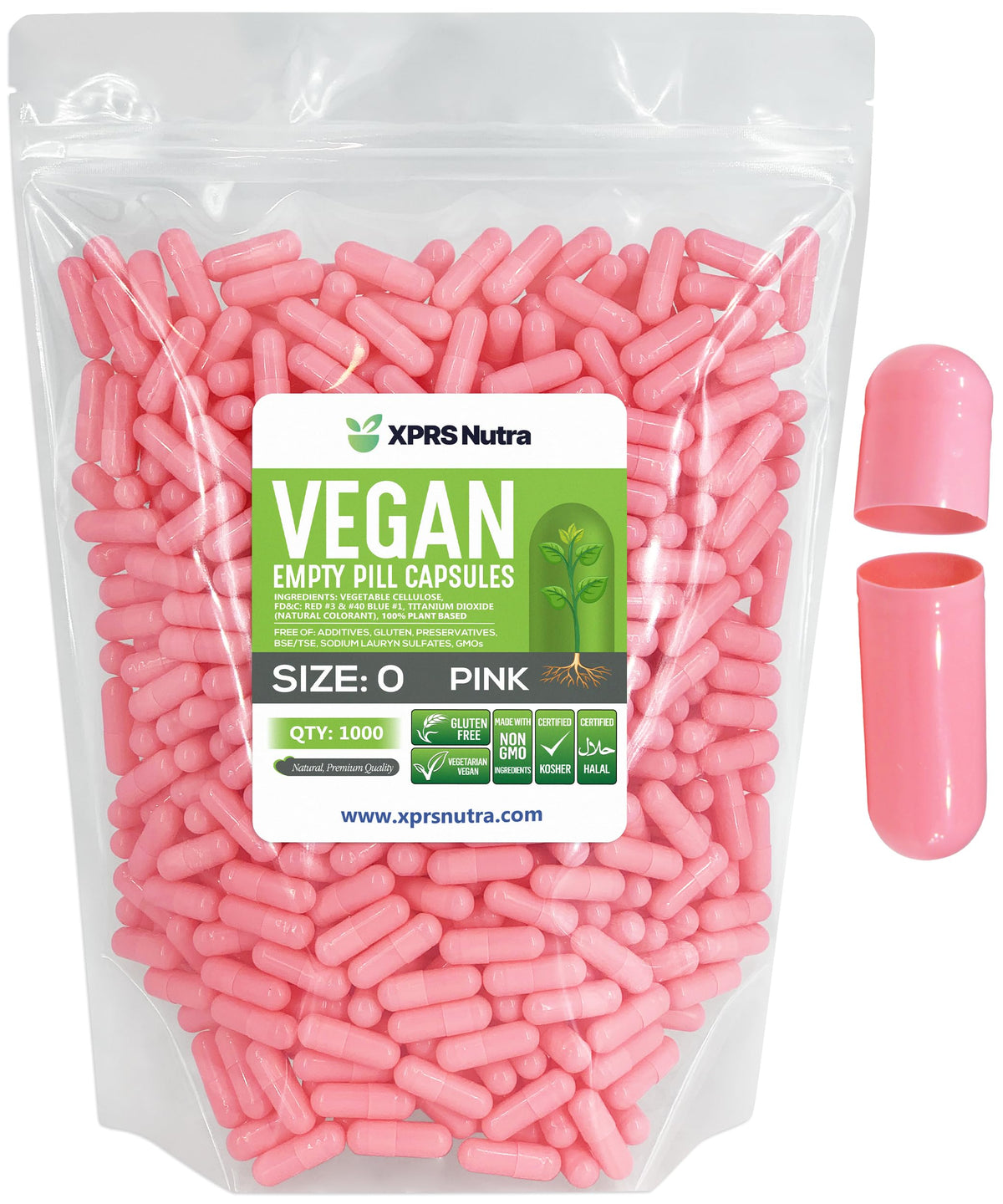 Capsules vides taille 0 XPRS Nutra en couleur rose, vue de face