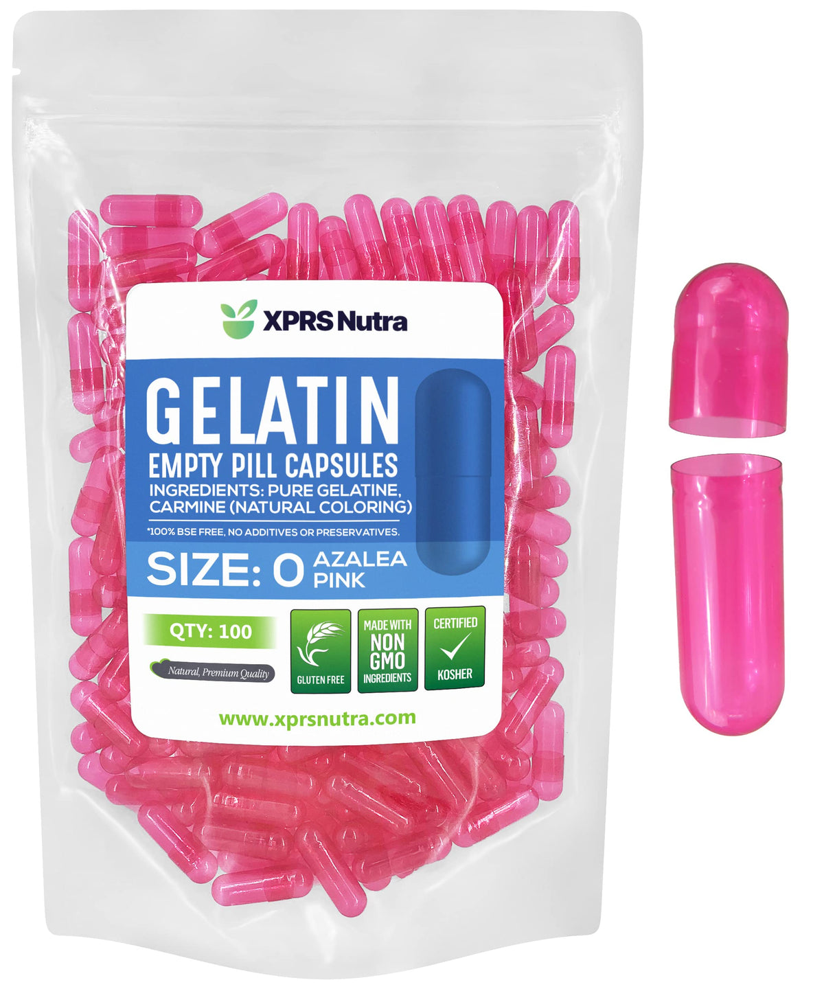 Capsules vides Taille 0 XPRS Nutra en gélatine, vue de face