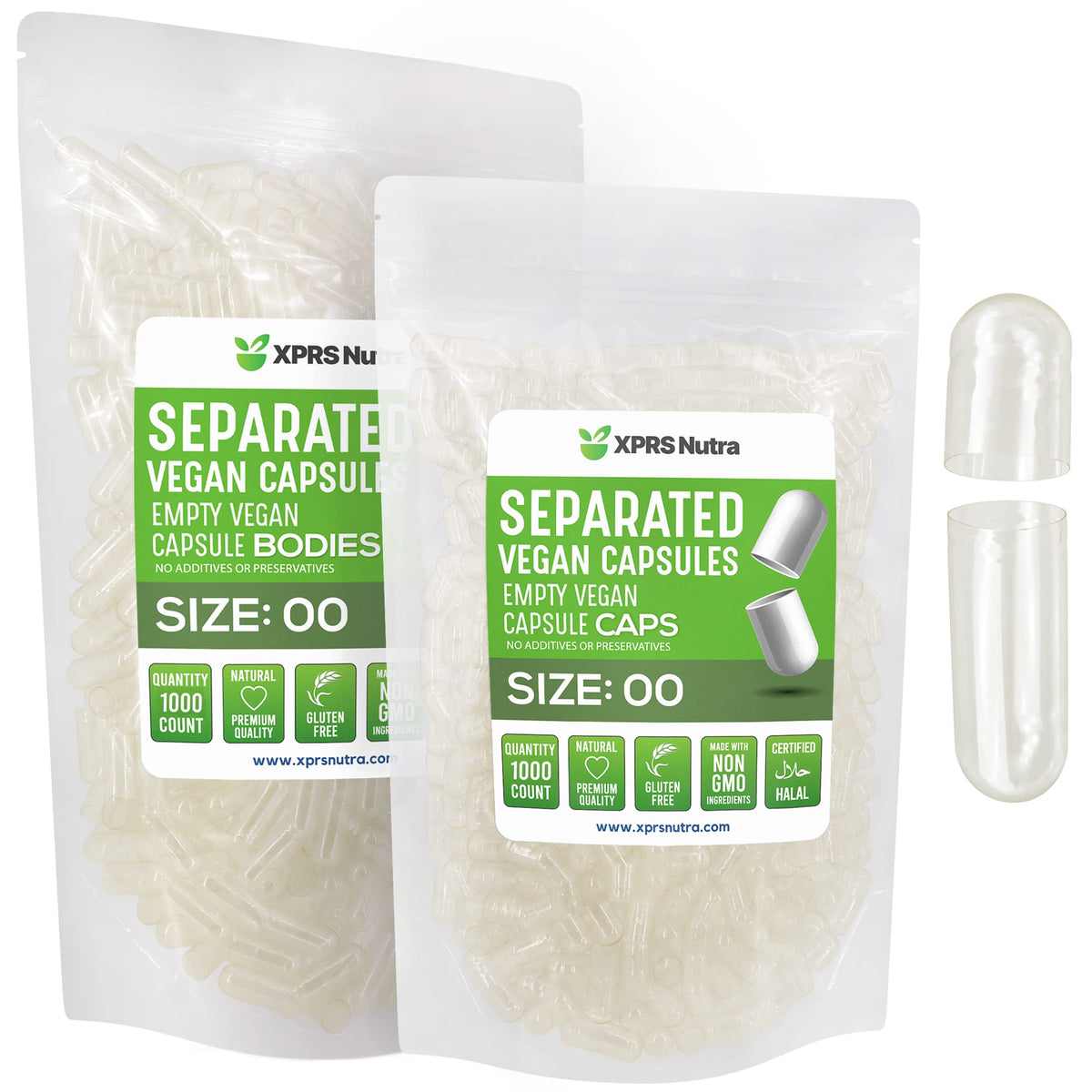 Capsules vides taille 00 XPRS Nutra, vue de face dans un paquet transparent
