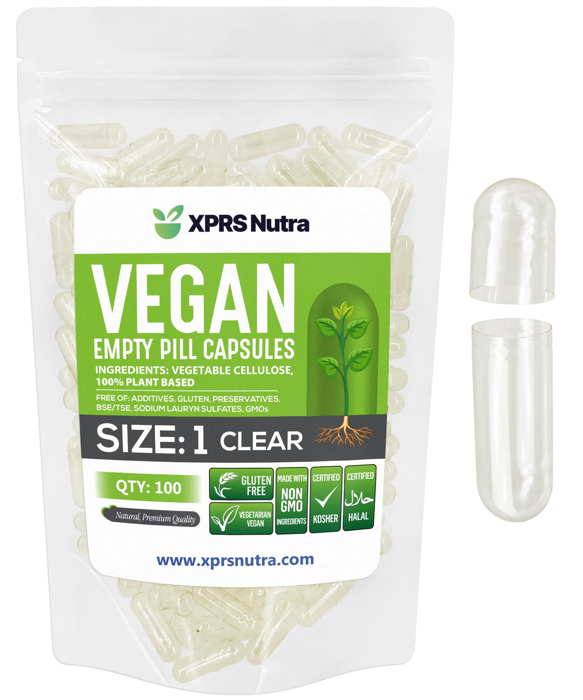 Capsules vides Taille 1 XPRS Nutra, 100 unités, vue de face
