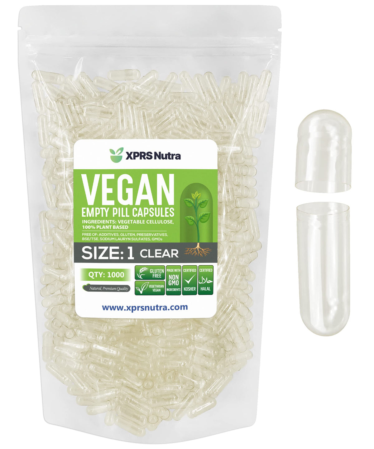 Capsules vides Taille 1 XPRS Nutra, 1000 unités, vue de face
