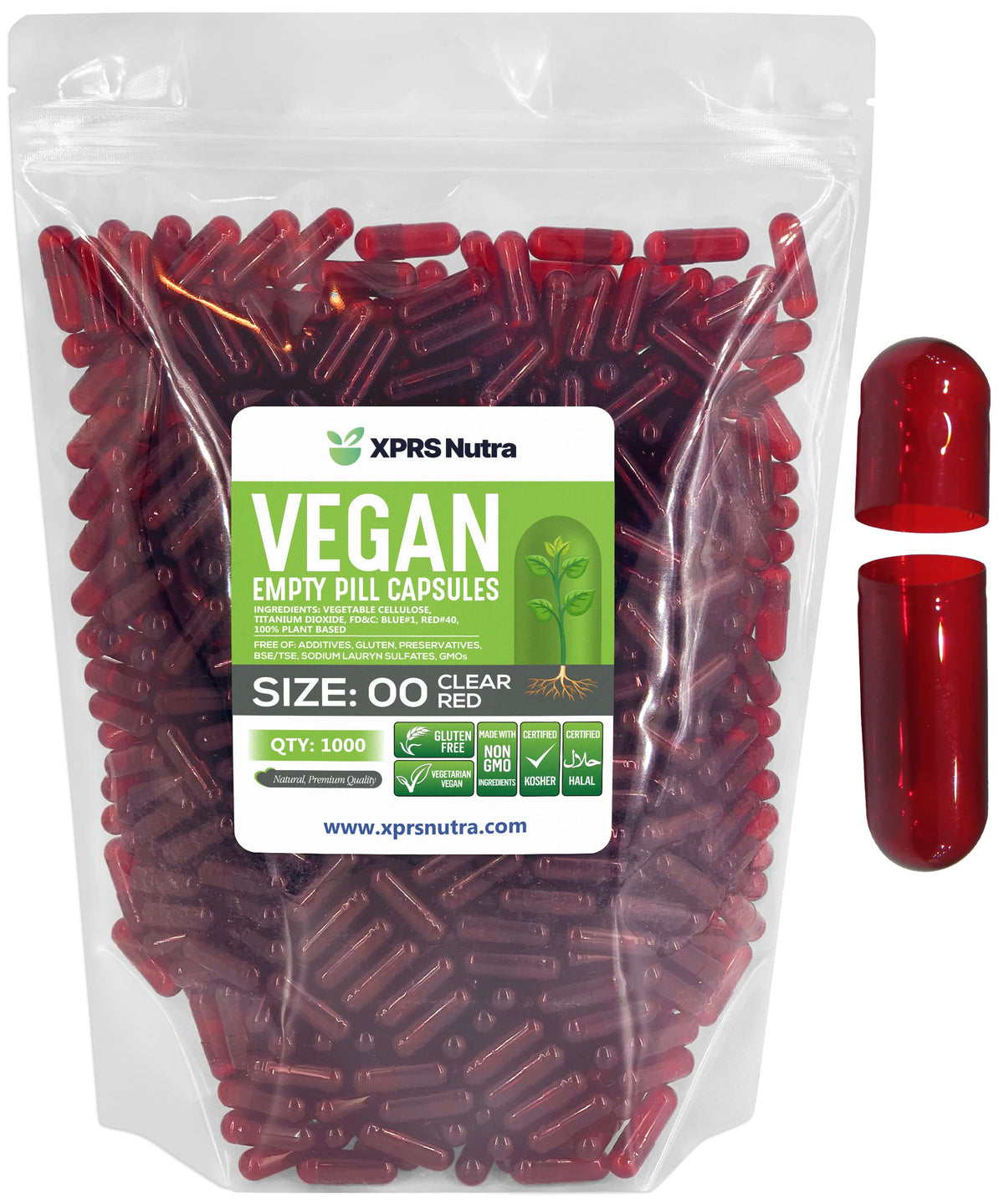 Capsules vides végétales XPRS Nutra taille 00 transparentes, vue de face