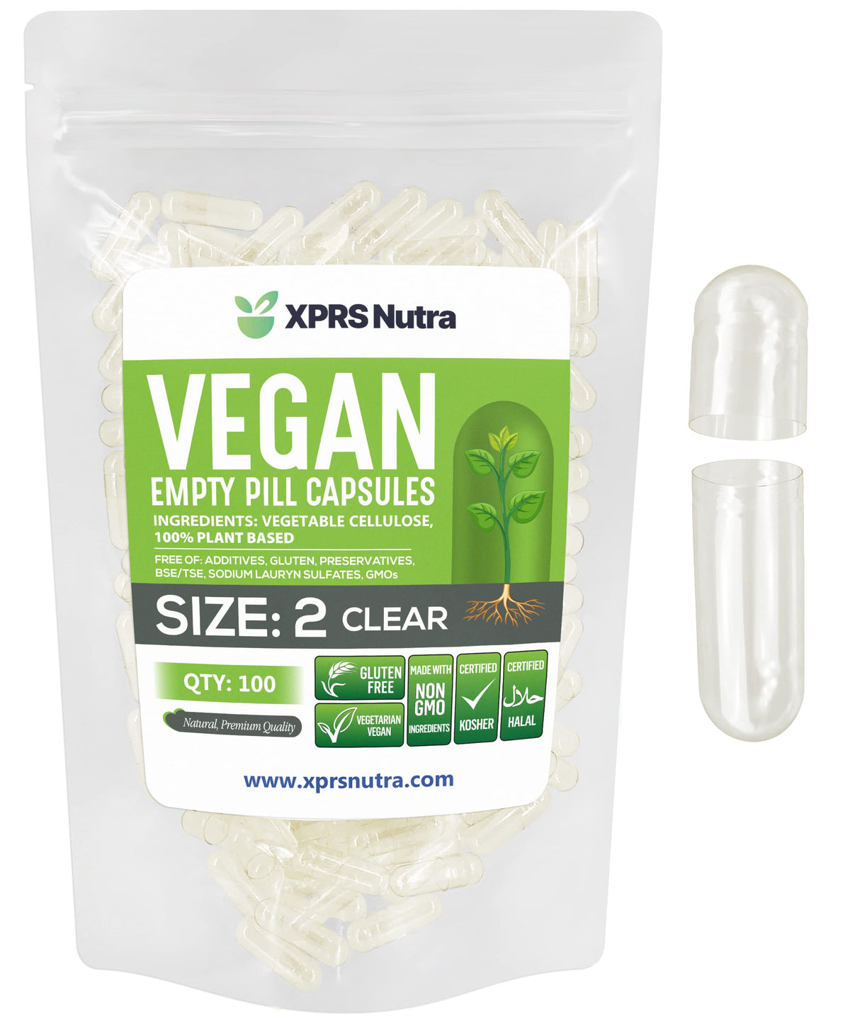 Capsules vides XPRS Nutra Taille 2 transparentes, vue de face