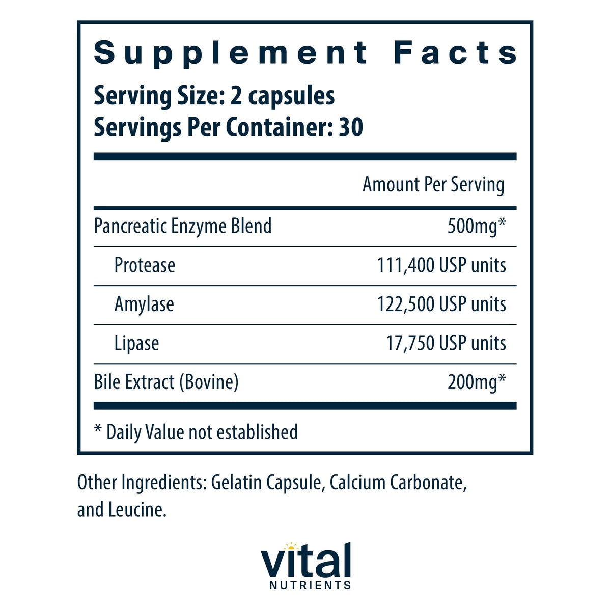 Capsules Vital Nutrients Pancreatin & Ox Bile Extract sur fond blanc