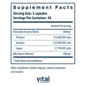 Capsules Vital Nutrients Pancreatin & Ox Bile Extract sur fond blanc