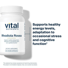 Capsules Vital Nutrients Rhodiola Rosea à côté d'un verre d'eau