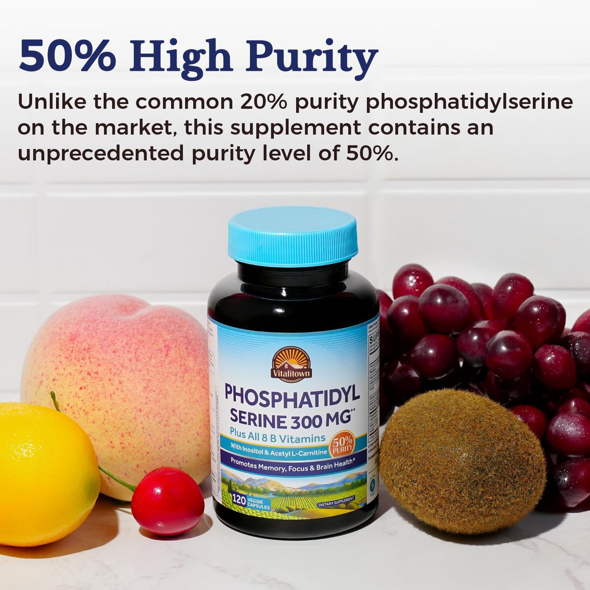 Capsules Vitalitown Phosphatidylserine sur fond blanc