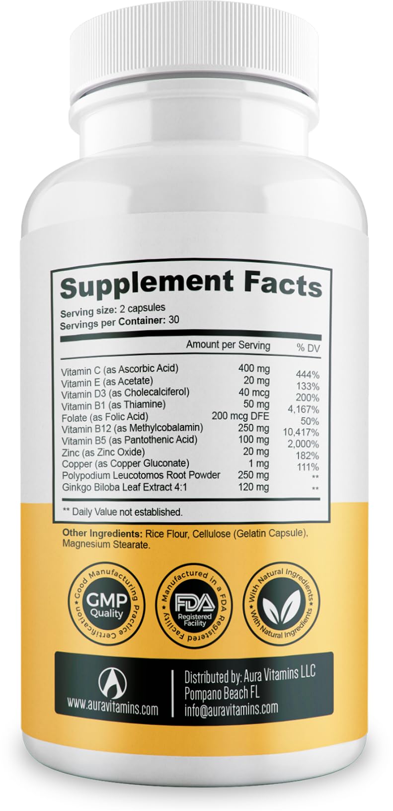Capsules Vitiligo AURA VITAMINS avec des ingrédients naturels en arrière-plan